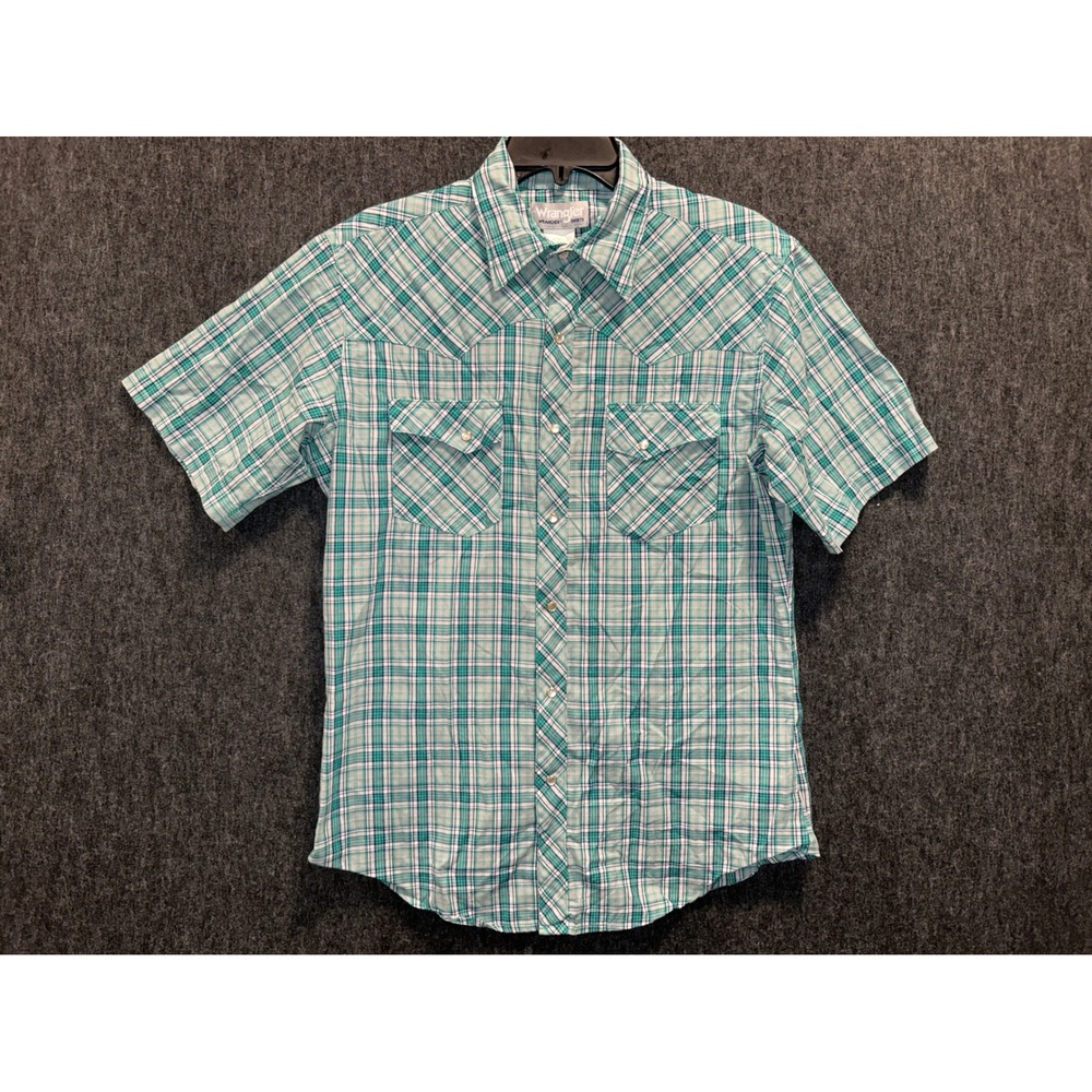 Wrangler Western Shirt Mens Medium Teal Plaid Pearl Snap Short Sleeve Cowboy